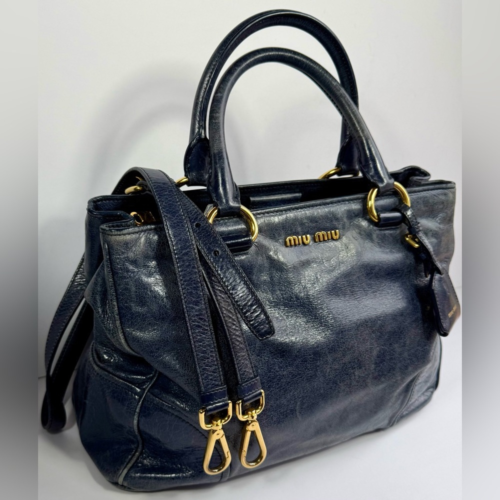 Miu Miu Vitello Lux Blue Leather Satchel Bag Distressed Finish Gold Hardware - Picture 4 of 13